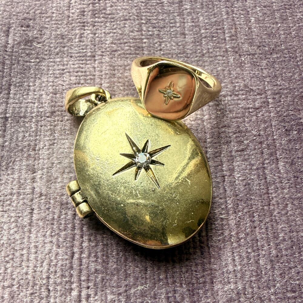 Gold Tone Starburst Locket and Ring Bundle